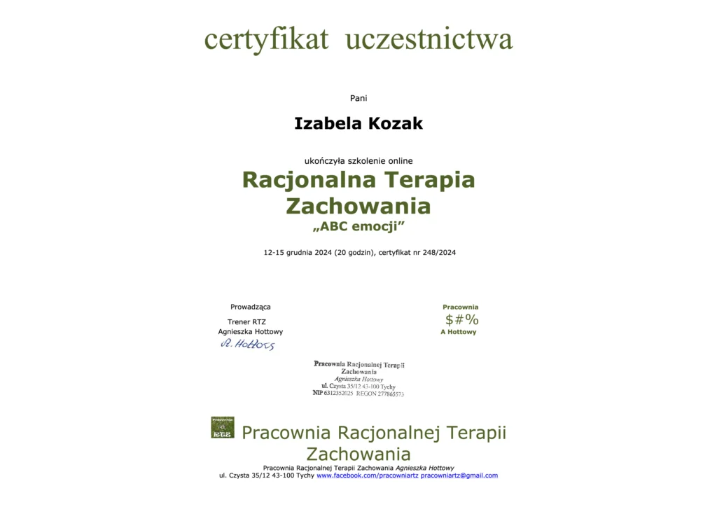 Racjonalna Terapia Zachowania Izabela Kozak certyfikat